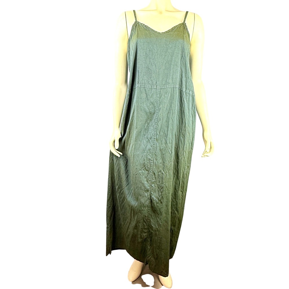 FLAX Maxi Dress Size Medium Green 100% Silk Spaghetti Strap Lagenlook Sleeveless